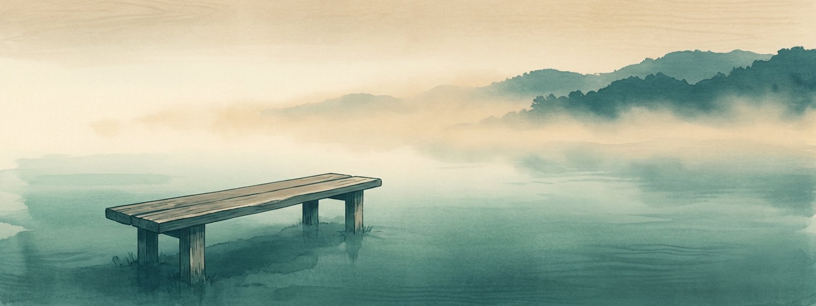 An empty wooden bench facing a quiet horizon at dawn, mist over still water.